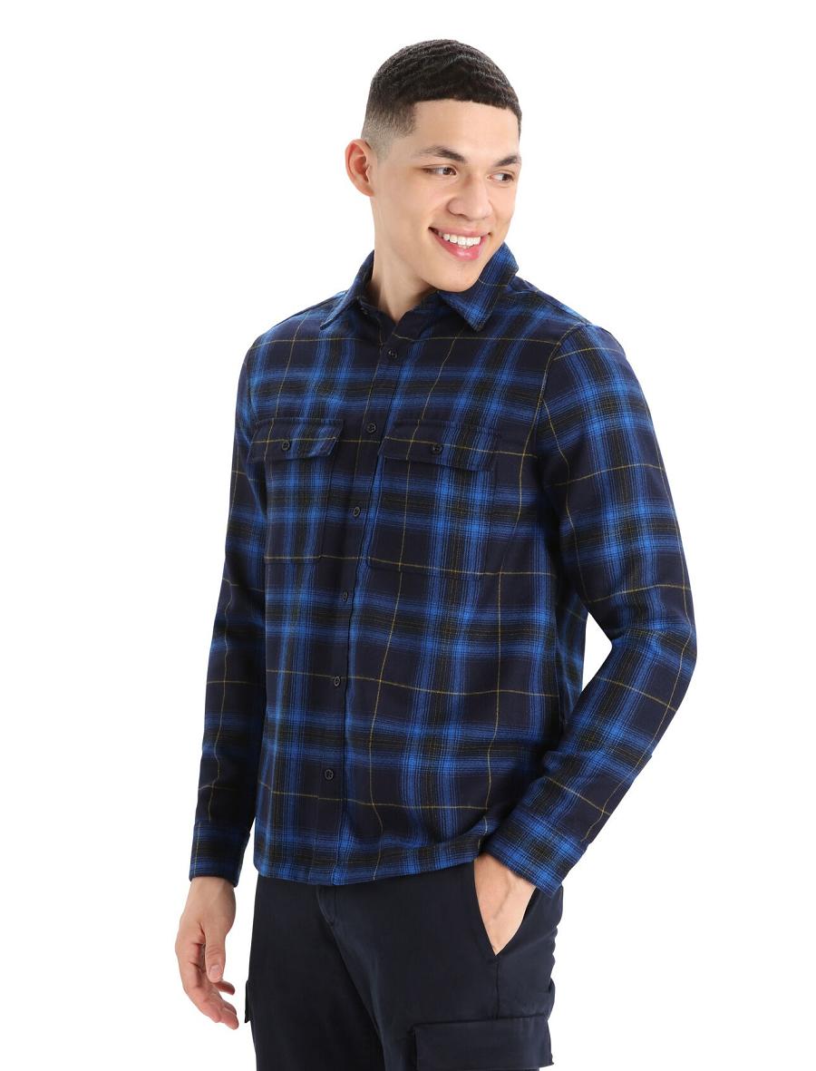 Icebreaker Merino Dawnder Long Sleeve Flannel Shirt Plaid Férfi Kapucnis Pulóver Sötétkék | HU 1255OKIR